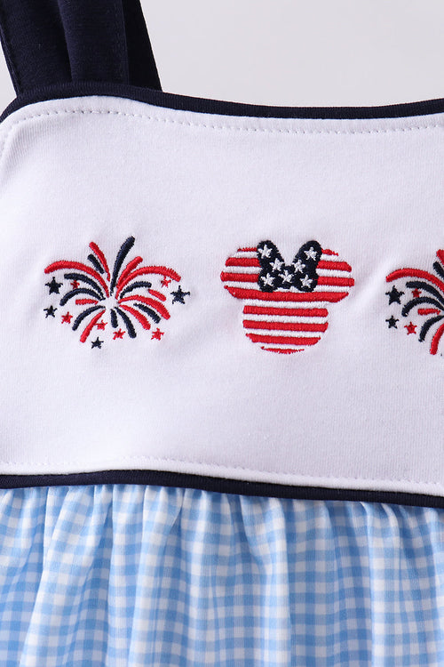 Blue character fireworks embroidery gingham dress