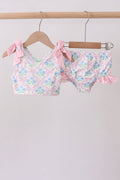 Pink hydrangea bow print 2pc swimsuit