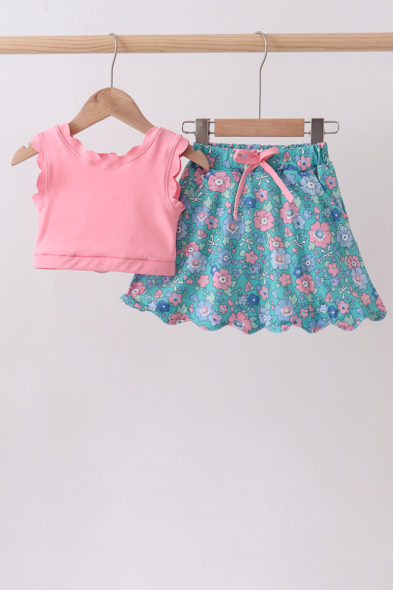 Pink&green floral bow skorts set